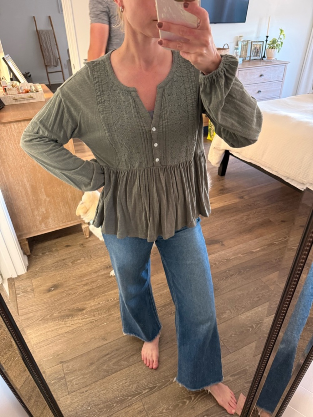 Lucky Brand Olive Green Peplum Button-Front Blouse